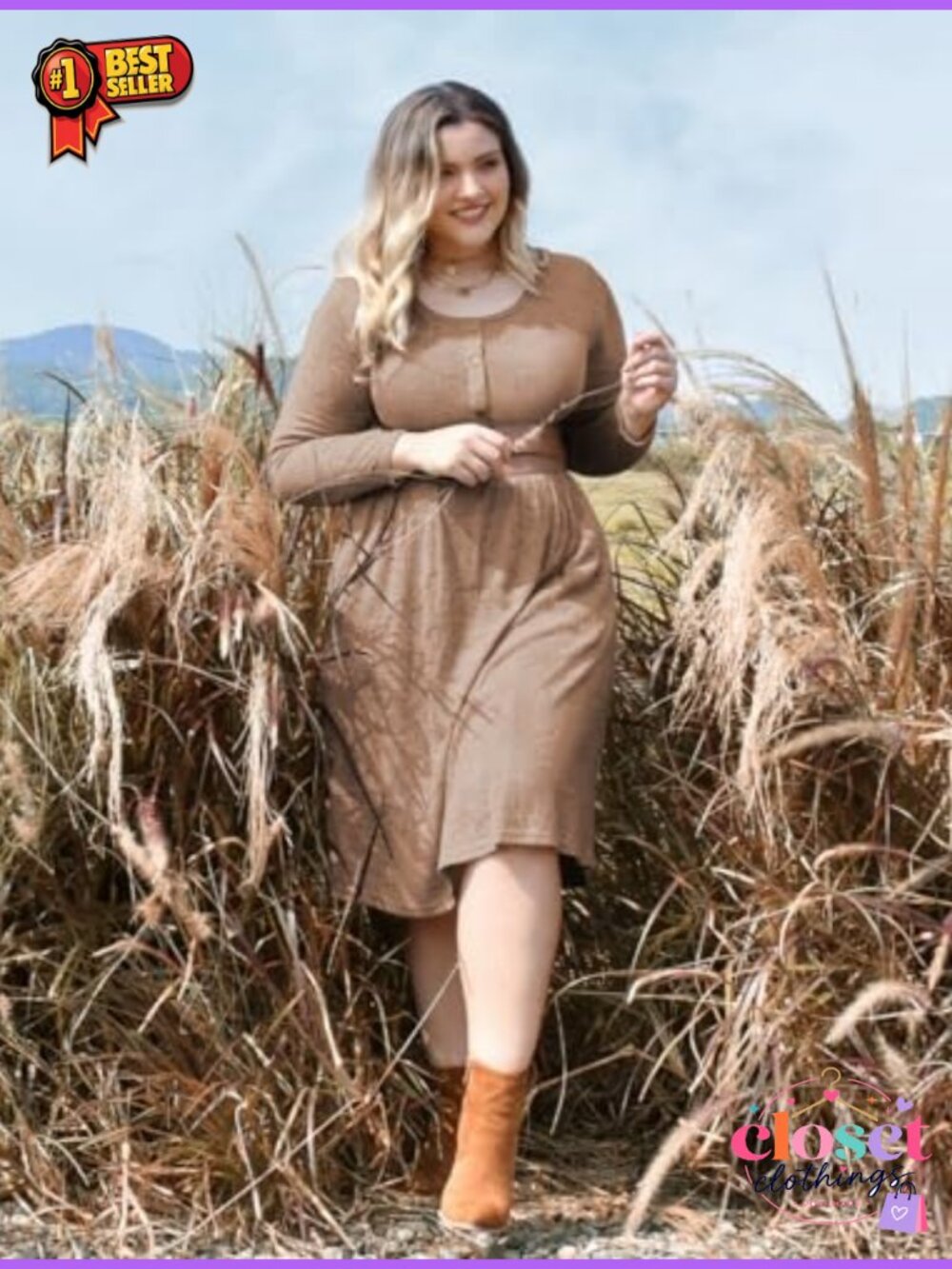 Plus Size Henley Sweater Dress Long Sleeve Knit Midi with Pockets